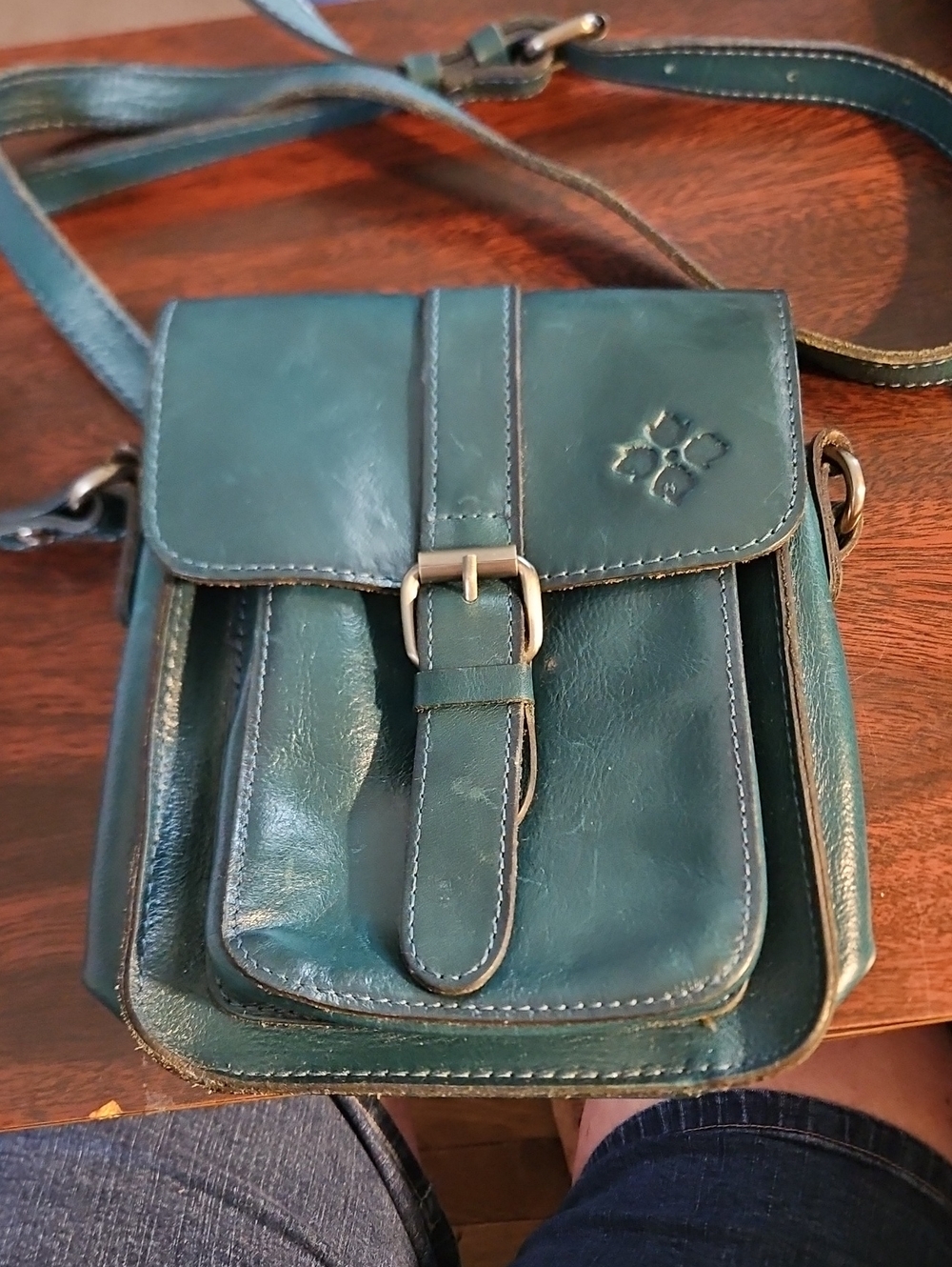 Patricia Nash Teal Leather Crossbody with Buckle Front